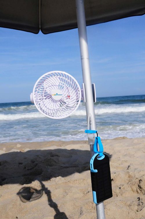 EZ Breezy Fan on beach umbrella